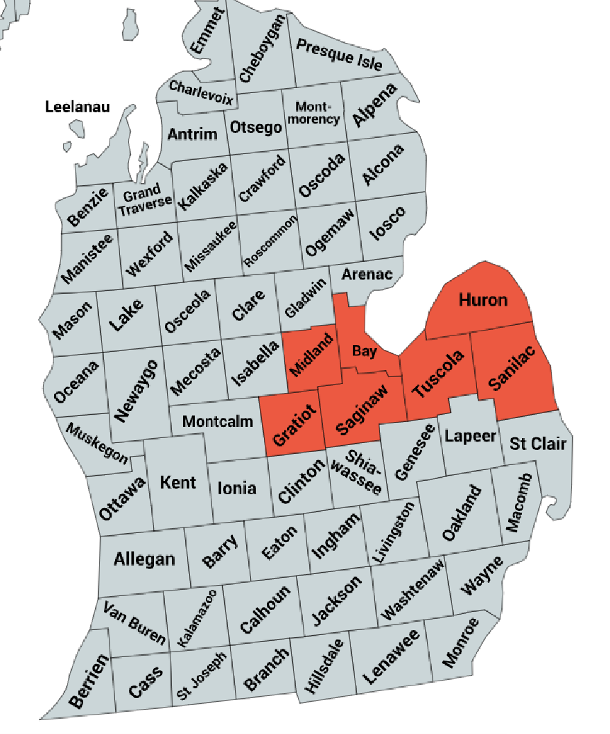 Map of Michigan counties served for hospice and palliative care