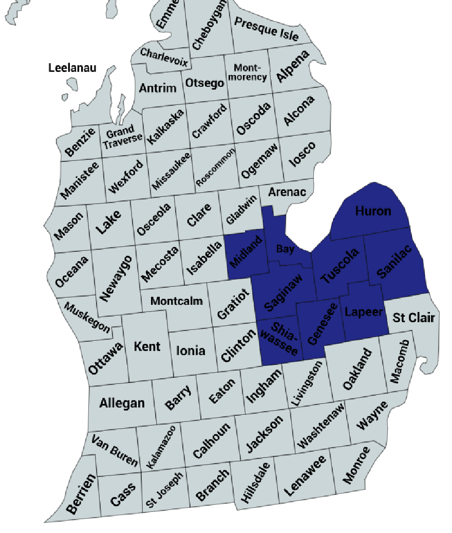 Map of Michigan counties served by the MI Choice Waiver program